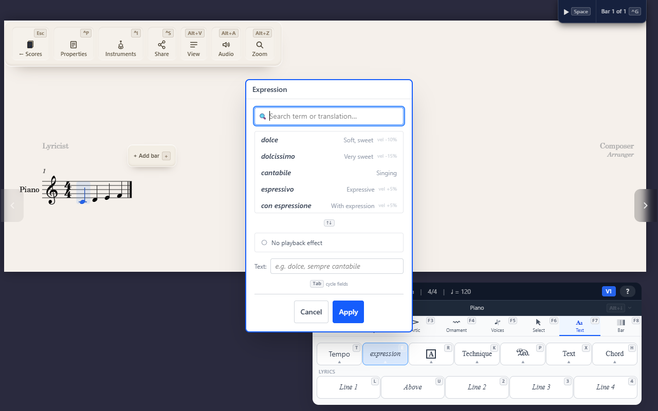 Adding expression text