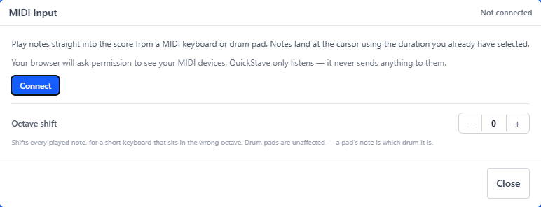 The MIDI panel in QuickStave, showing the Connect button and octave shift