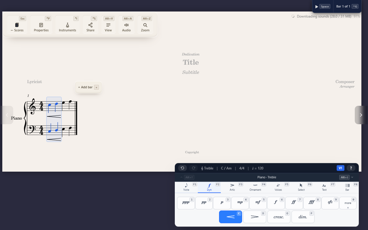 Creating spanners — hairpins, slurs, and lines