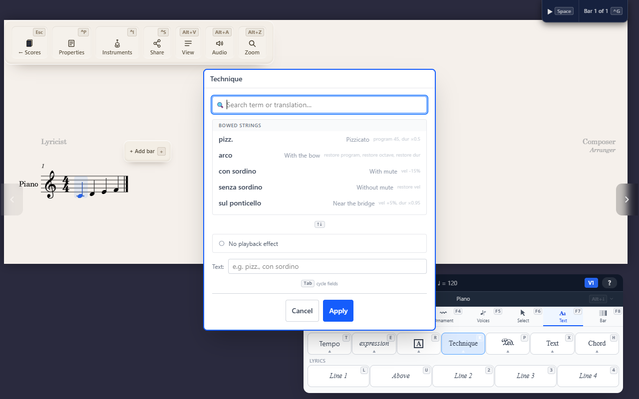 Adding technique text