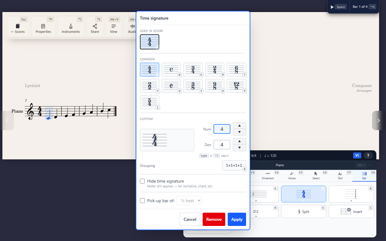 Changing time and key signature