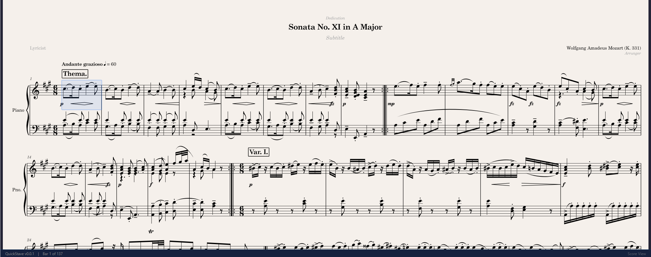 Mozart's Sonata No. XI in A Major — rendered in QuickStave