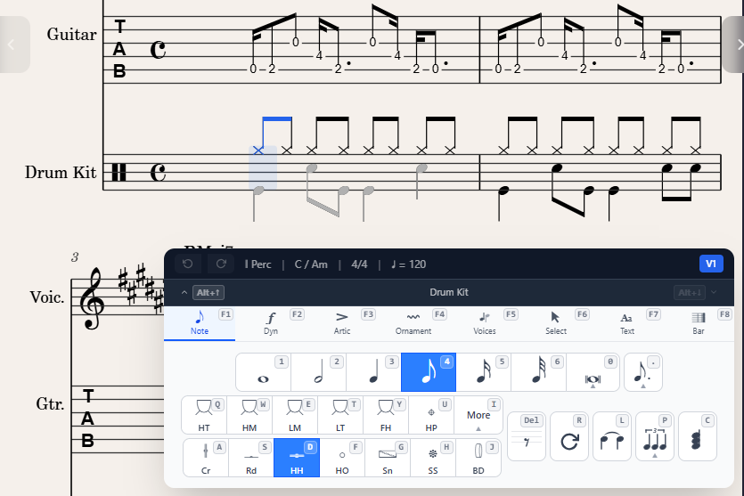 Guitar and drum notation in QuickStave