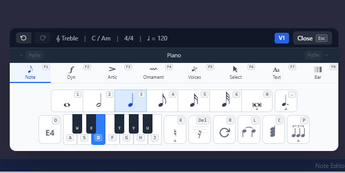 The QuickStave Note palette — keyboard shortcuts are printed directly on every button