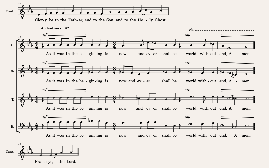 A Preces and Responses set in QuickStave — alternating cantor and SATB, with full lyrics, shifting metre, and chromatic harmony