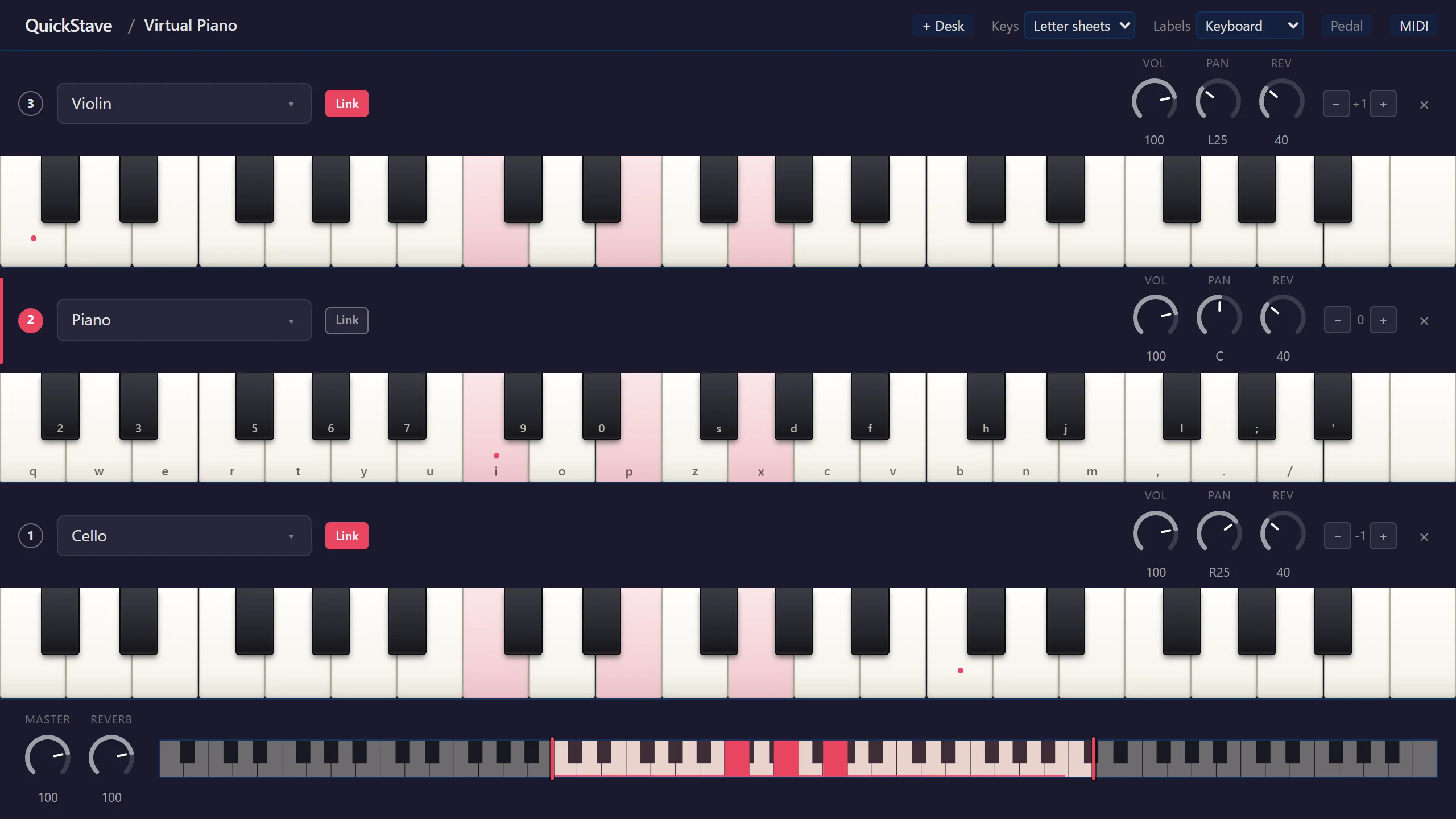 The QuickStave virtual piano with three stacked keyboards: cello, piano and violin, with the cello and violin linked to play along, and a C major chord held down on all three